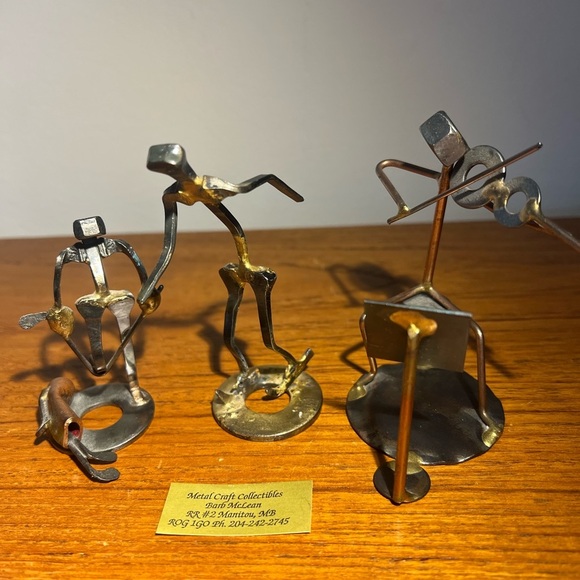 Set Of 3 Scrap Metal Handcrafted Vintage Sculptures Golf Violin Skater Mcm - Picture 1 of 8